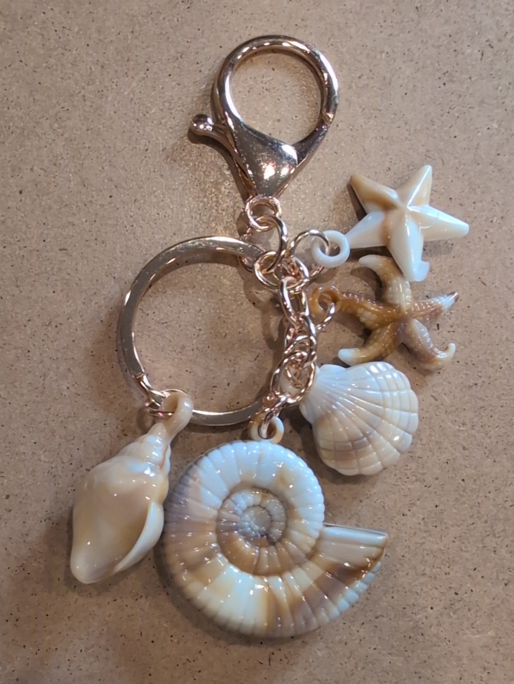 Seashell Charm Keychain Bag Charm with Starfish Accents - Cream & Gold